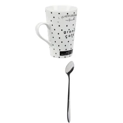 Mug porcelaine avec cuillère inox motif pois noir blanc 45 cl^Gifi Hot