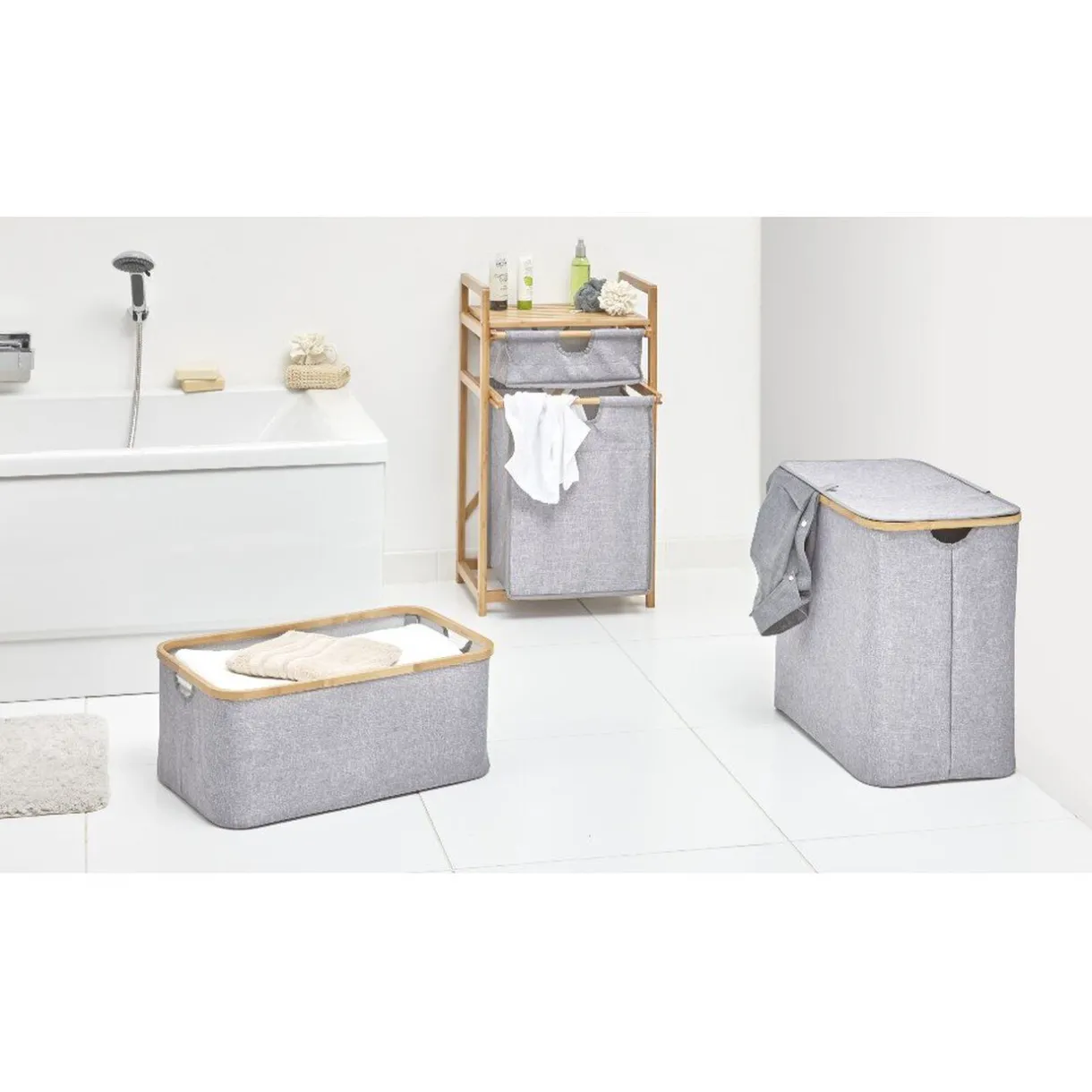 Entretien Du Linge|Gifi Panière à linge rectangulaire tissu gris et rebord bambou 45 L