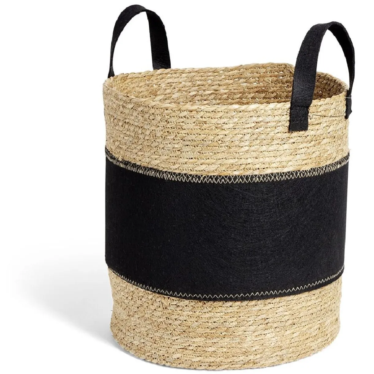 Entretien Du Linge|Gifi Panière à linge ronde 52L Ø37xH38cm jonc de mer et feutrine noir