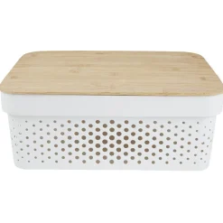 Rangement|Gifi Panière de rangement blanche avec couvercle en bambou