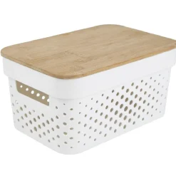 Rangement|Gifi Panière de rangement blanche avec couvercle en bambou petit modèle