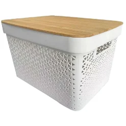 Rangement|Gifi Panière de rangement blanche avec couvercle en bambou grand modèle
