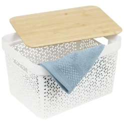 Rangement|Gifi Panière de rangement blanche avec couvercle en bambou grand modèle
