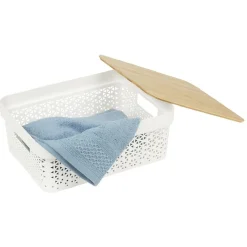 Rangement|Gifi Panière de rangement blanche avec couvercle en bambou petit modèle