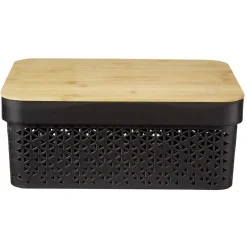 Rangement|Gifi Panière noire avec couvercle bambou naturel H12 cm