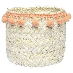 Rangement|Gifi Panière ronde en jonc naturel avec pompons orange Ø16 cm