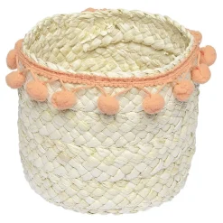 Rangement|Gifi Panière ronde en jonc naturel avec pompons orange Ø16 cm