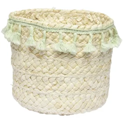 Rangement|Gifi Panière ronde en jonc naturel avec pompons vert Ø19 cm