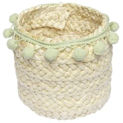 Rangement|Gifi Panière ronde en jonc naturel avec pompons vert Ø16 cm