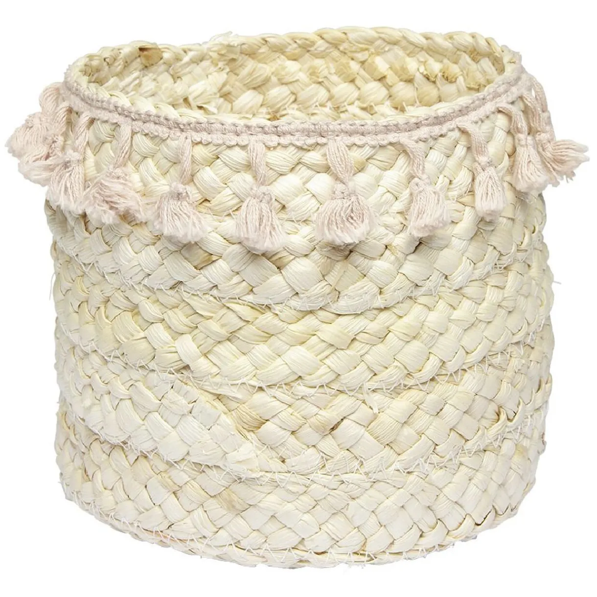 Rangement|Gifi Panière ronde en jonc naturel avec pompons rose Ø19 cm