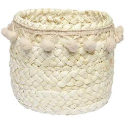 Rangement|Gifi Panière ronde en jonc naturel avec pompons rose Ø16 cm