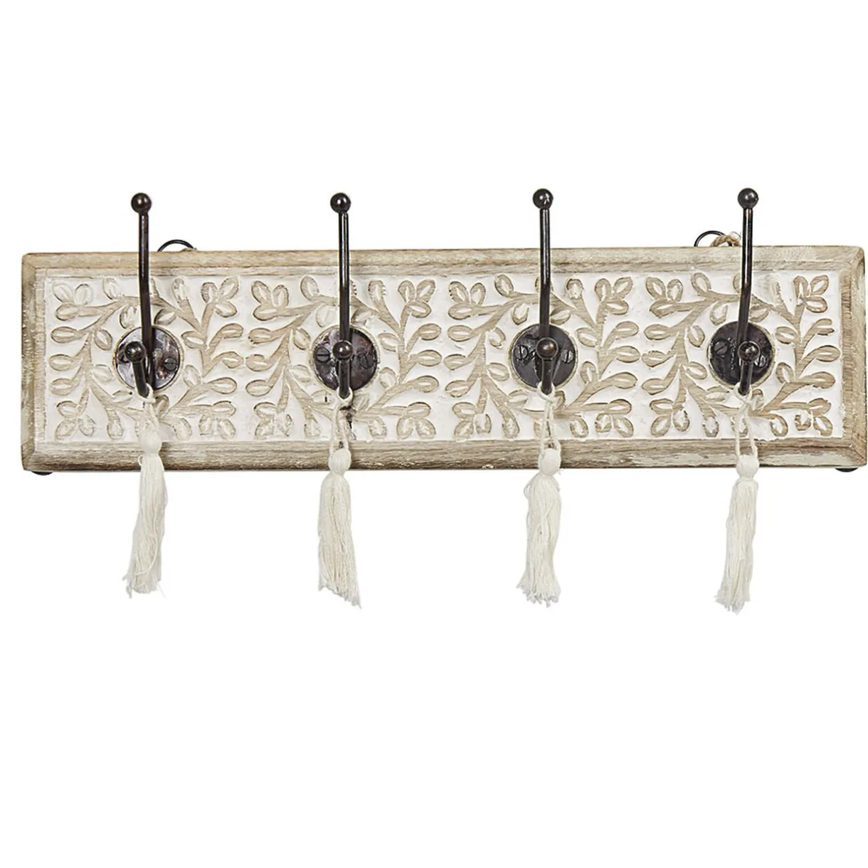 Rangement|Gifi Patère manguier sculpté naturel 4 crochets avec pompons