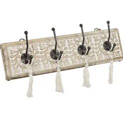 Rangement|Gifi Patère manguier sculpté naturel 4 crochets avec pompons