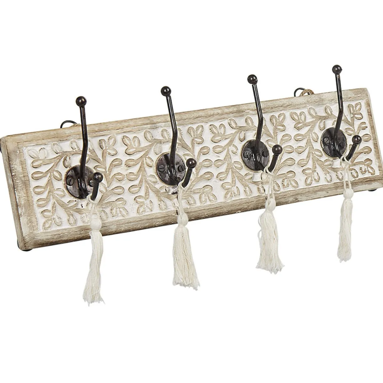 Rangement|Gifi Patère manguier sculpté naturel 4 crochets avec pompons