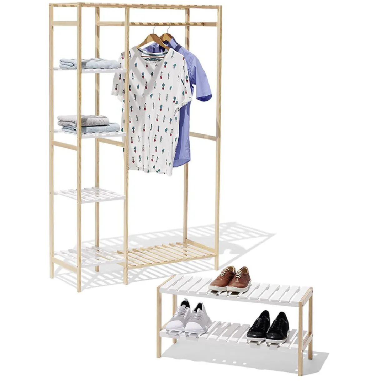 Rangement|Gifi Penderie et étagères en pin couleur bois et blanc