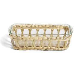 Plat à four en verre transparent et déco raphia beige 28x11,5xH8,5cm^Gifi Online