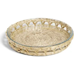 Plat à four en verre transparent et déco raphia beige Ø27,5xH4,5cm^Gifi New