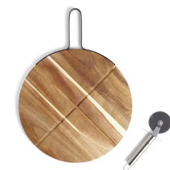 Plateau à pizza en bois avec roulette en acier^Gifi