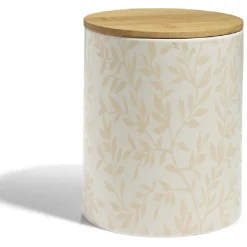 Pot de conservation 1,6L grès motif feuillage couvercle bambou Ø12xH14,5cm^Gifi