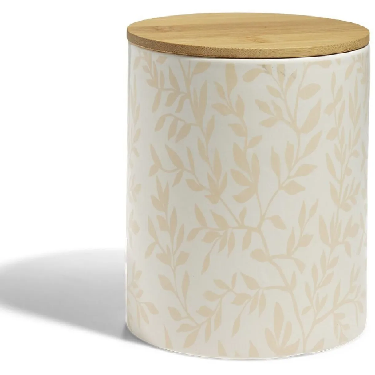 Pot de conservation 1,6L grès motif feuillage couvercle bambou Ø12xH14,5cm^Gifi