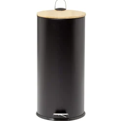 Nettoyage Et Entretien|Gifi Poubelle à pédale 30L métal noir avec couvercle en bambou