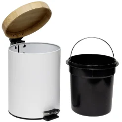 Nettoyage Et Entretien|Gifi Poubelle salle de bain à pédale couvercle bambou et métal blanc 5L