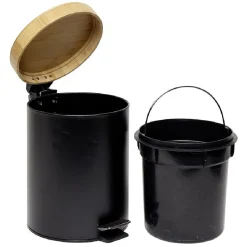 Nettoyage Et Entretien|Gifi Poubelle salle de bain à pédale couvercle bambou et métal noir 5L