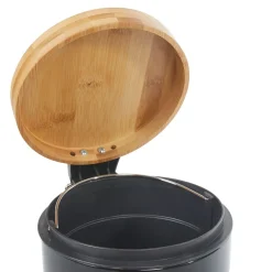 Nettoyage Et Entretien|Gifi Poubelle salle de bain noire avec couvercle bambou