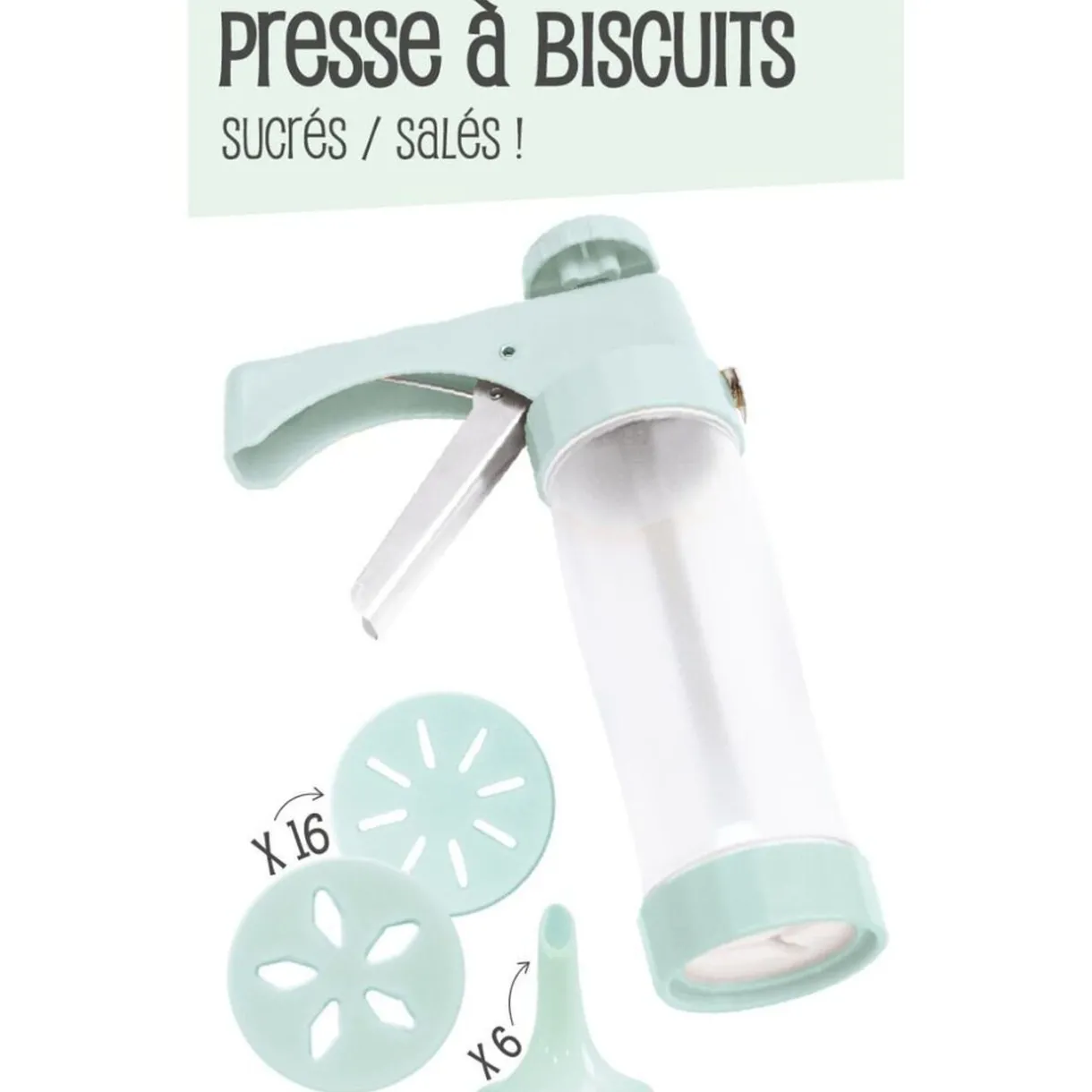 Presse à biscuits sucrés/salés 16 disques et 6 douilles^Gifi Clearance