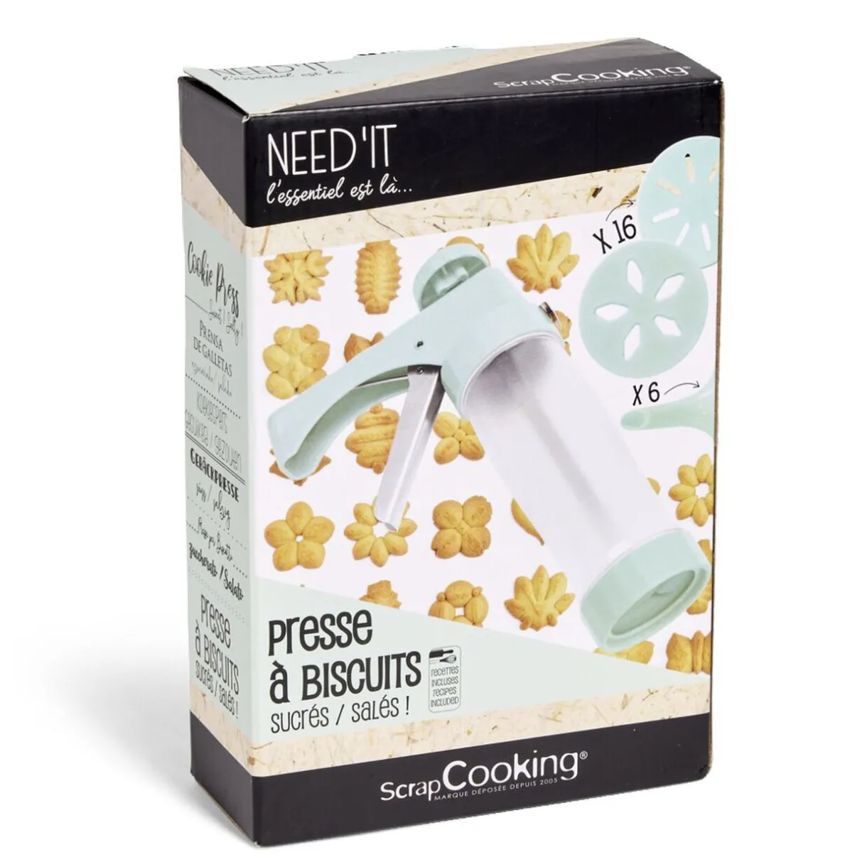 Presse à biscuits sucrés/salés 16 disques et 6 douilles^Gifi Clearance