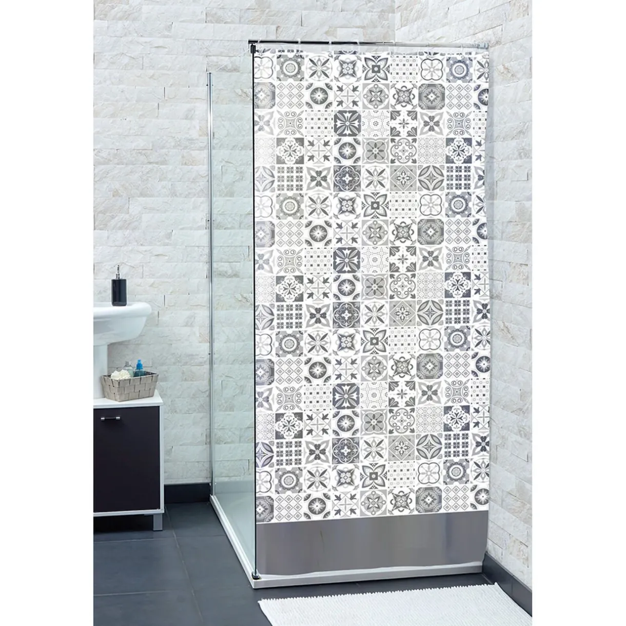 Discount Gifi Rideau de douche blanc motif carreaux de ciment