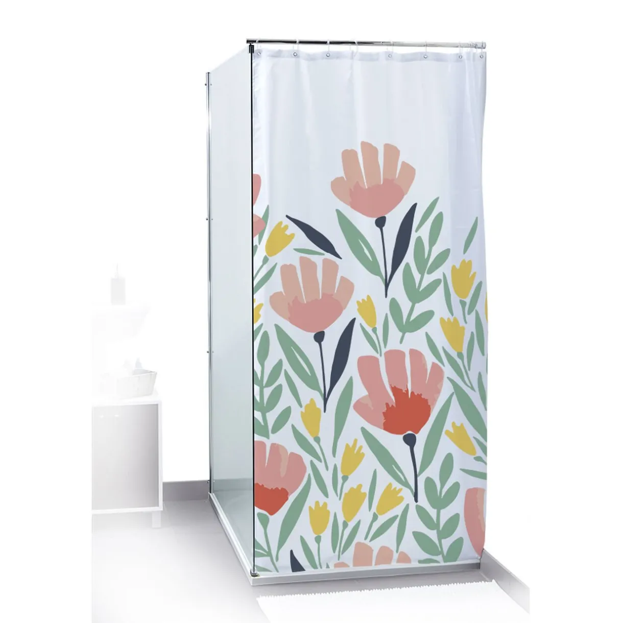 Clearance Gifi Rideau de douche motif floral et feuillage bleu vert rouge 180x200cm