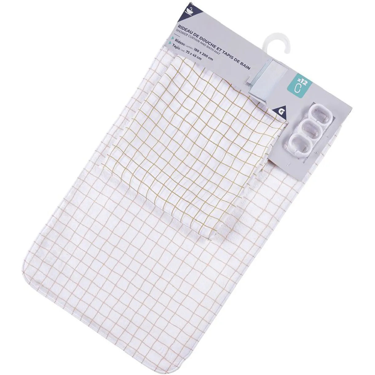 Outlet Gifi Rideau de douche 180xH200cm avec tapis de bain 75x45cm blanc