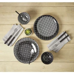Service vaisselle en porcelaine 18 pièces motif graphique noir et blanc^Gifi Sale