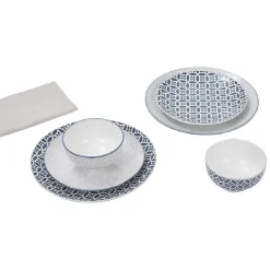 Service vaisselle en porcelaine 18 pièces motif graphique bleu et blanc^Gifi New