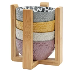 Set 4 bols décor ethnique noir et blanc et support en bambou^Gifi New
