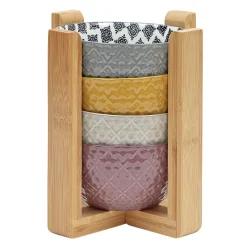 Set 4 bols décor ethnique noir et blanc et support en bambou^Gifi New