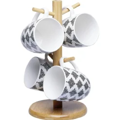 Set 4 mugs décor arabesque noir et blanc et support en bambou^Gifi
