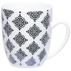 Set 4 mugs décor arabesque noir et blanc et support en bambou^Gifi