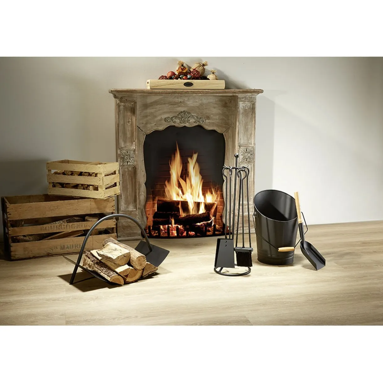 Hot Gifi Set cheminée 4 accessoires pelle balayette pince tisonnier métal