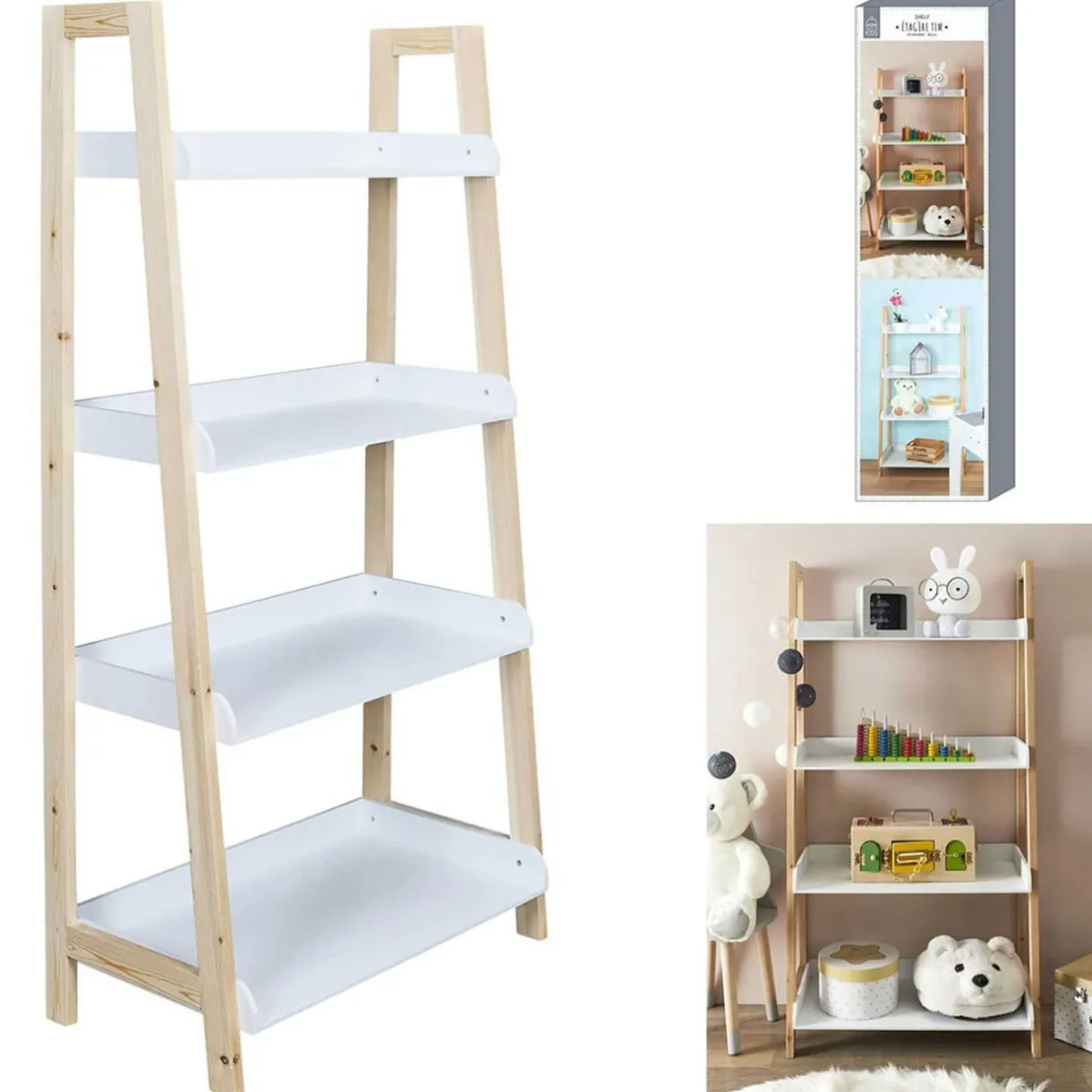 Rangement|Gifi Étagère Tim 4 niveaux bois blanc et naturel 60x60xH117cm