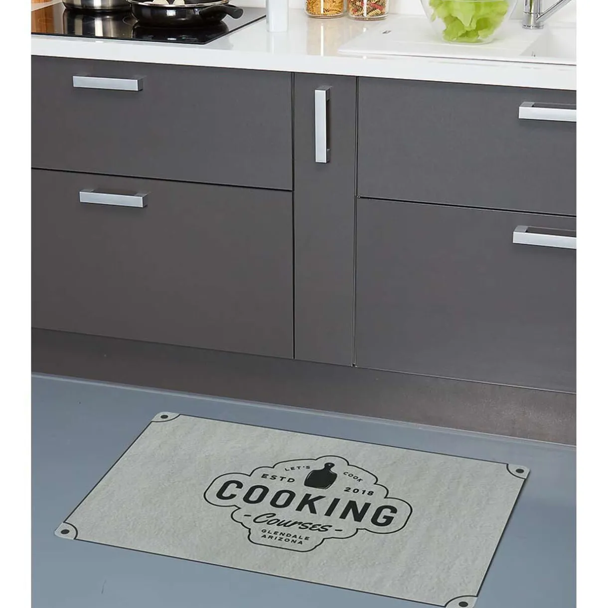 Nettoyage Et Entretien|Gifi Tapis de cuisine gris polyamide décor Cooking courses 80x50 cm