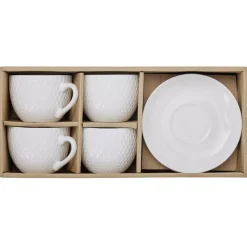 Tasse embossée avec sous-tasse faïence blanc x4^Gifi Discount