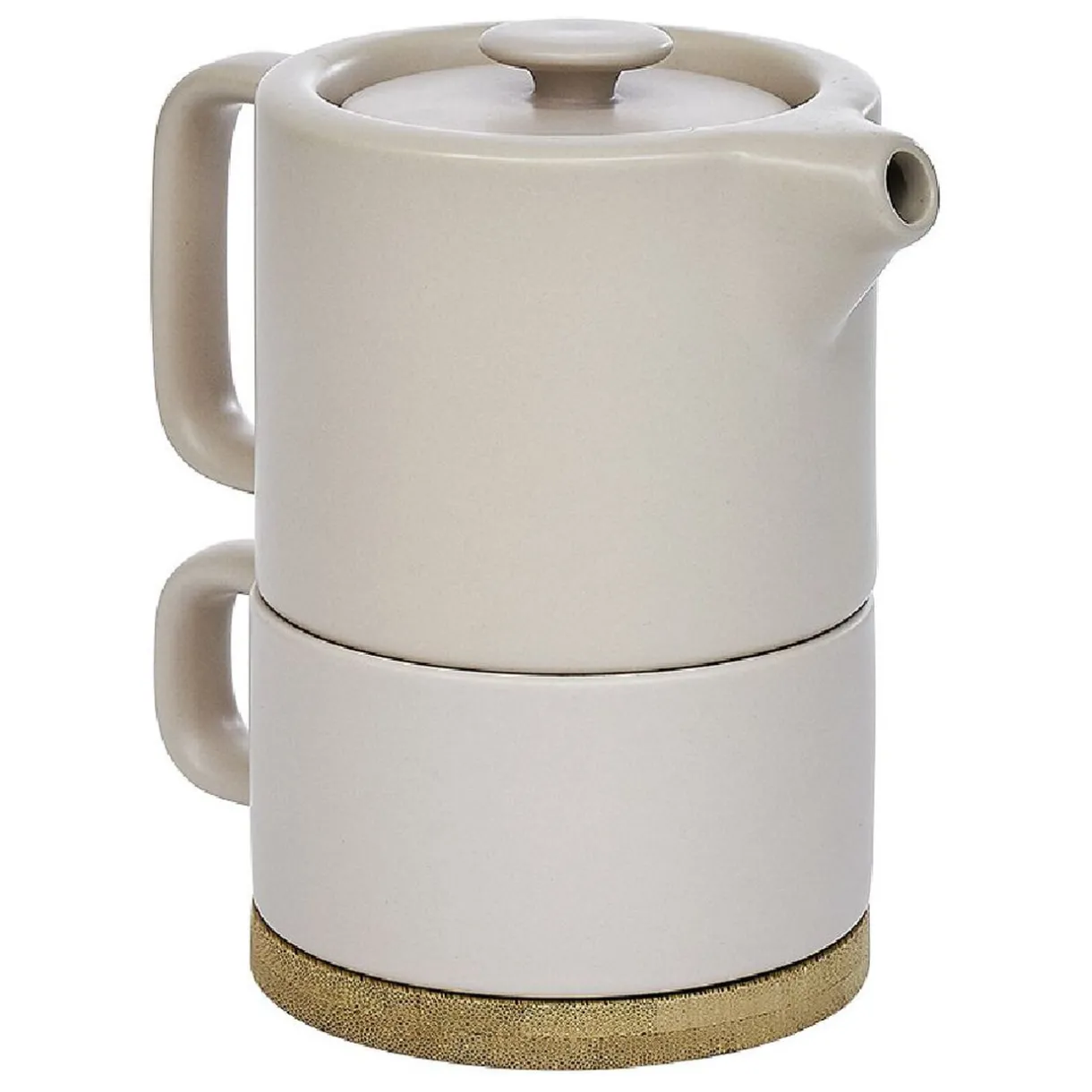 Tisanière 40cl et tasse 25cl grès taupe avec support bambou^Gifi New