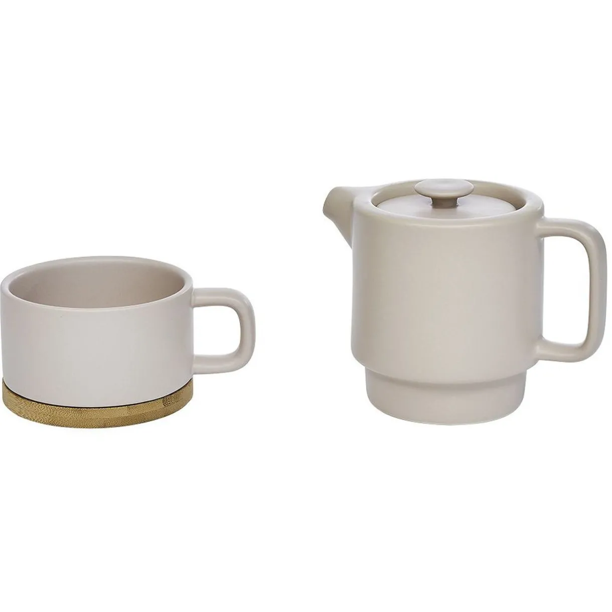 Tisanière 40cl et tasse 25cl grès taupe avec support bambou^Gifi New