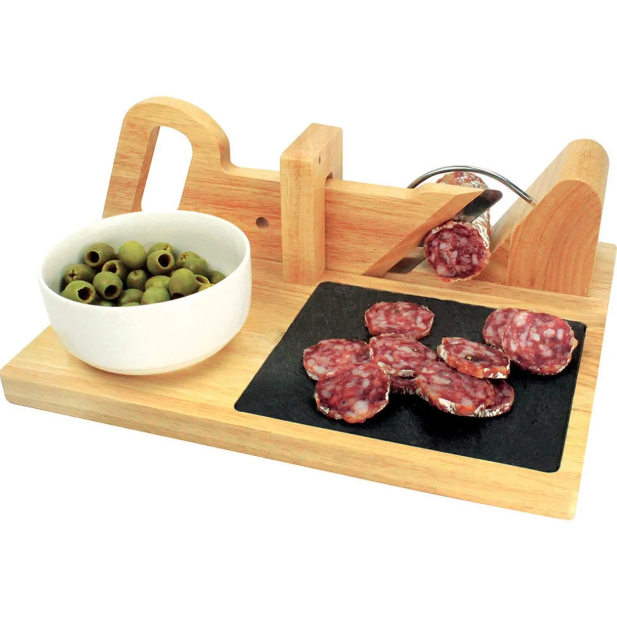 Trancheuse à saucisson manuelle bambou plateau ardoise^Gifi Hot